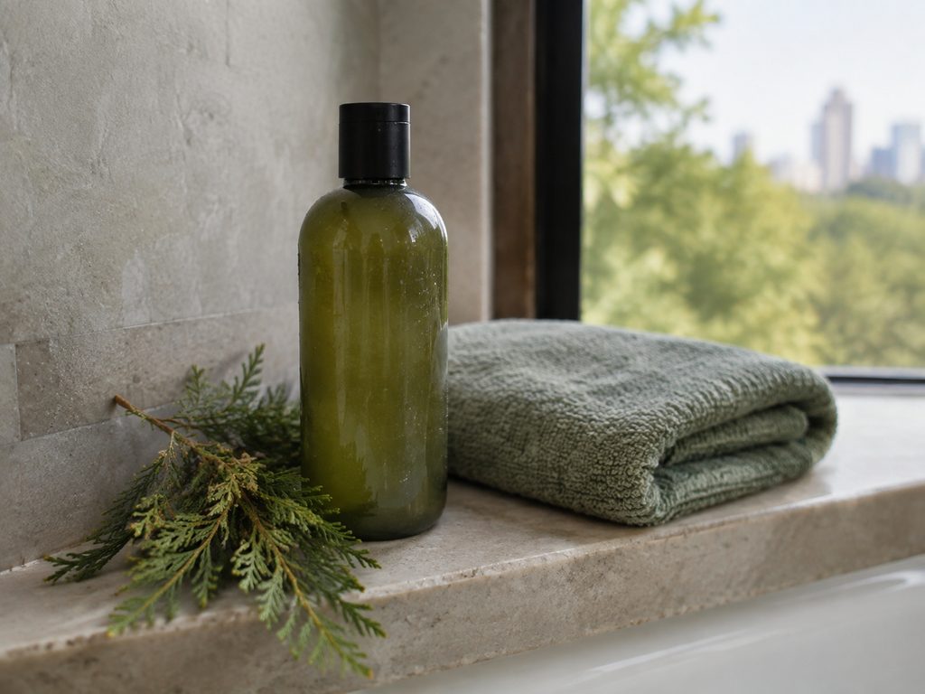 Shampoo bottle beside a cedar sprig and towel