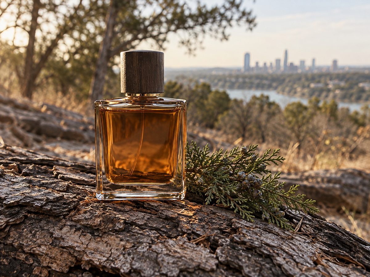 Amber eau de parfum bottle beside a cedar branch