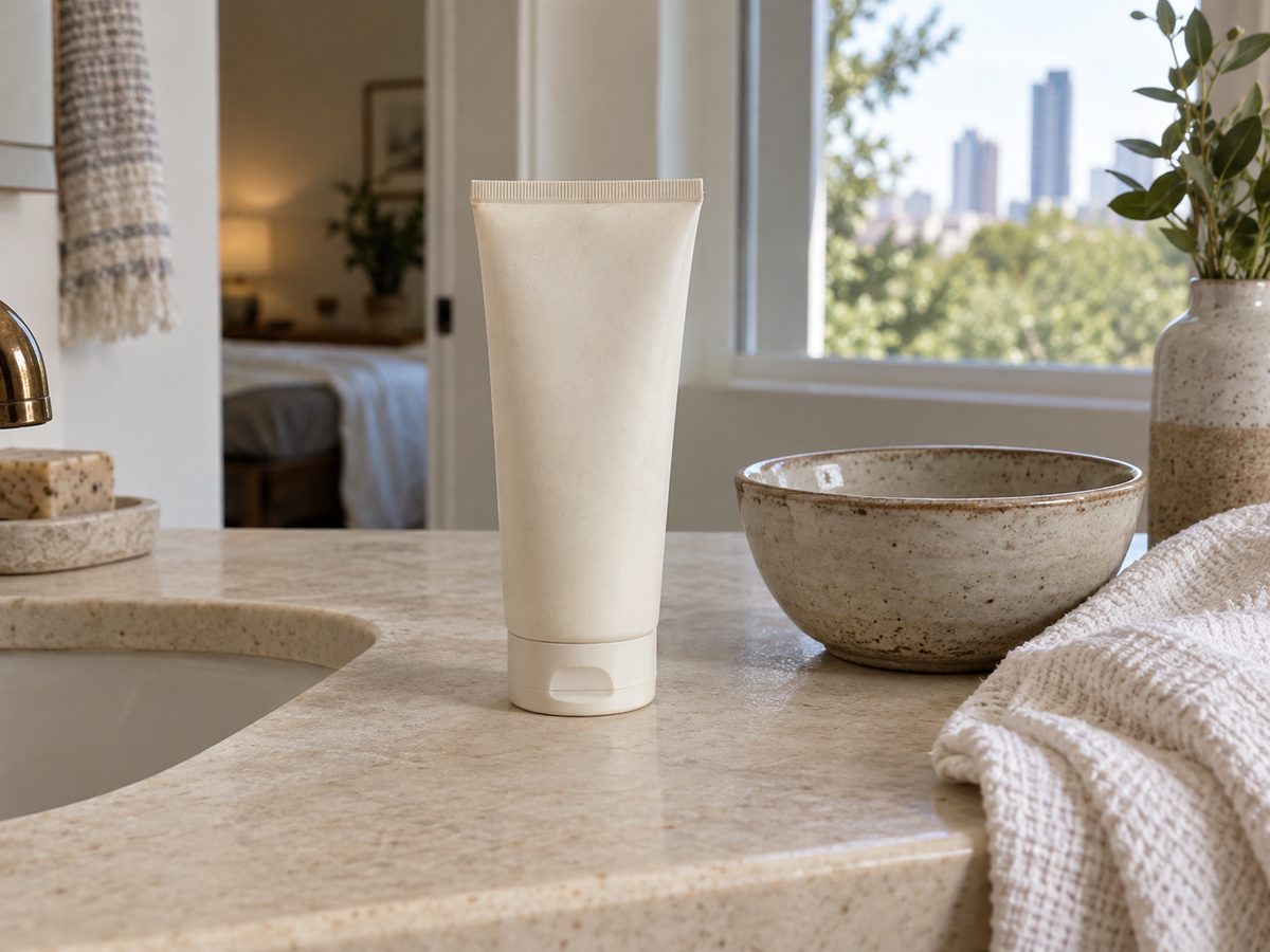 Cream face cleanser tube beside a ceramic bowl
