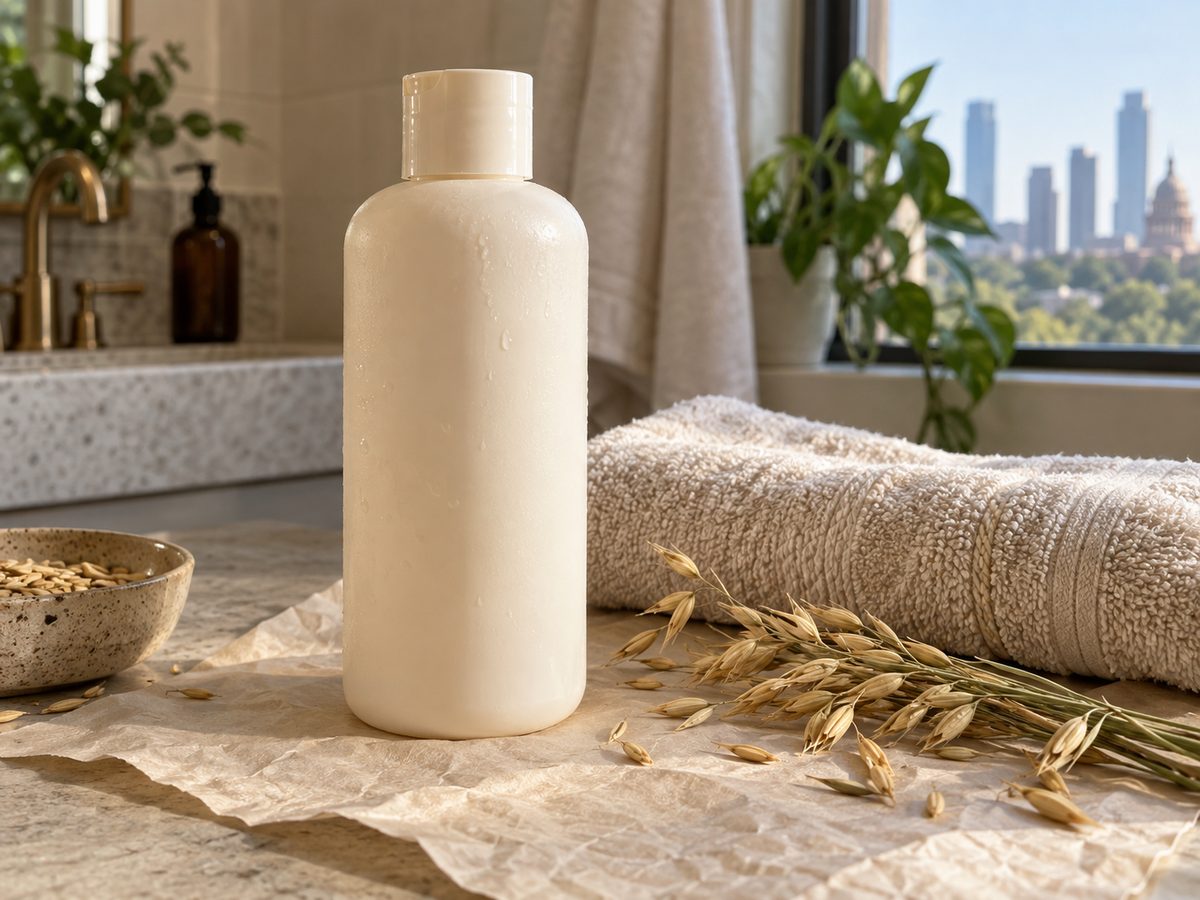 Oat body wash bottle beside oat stems