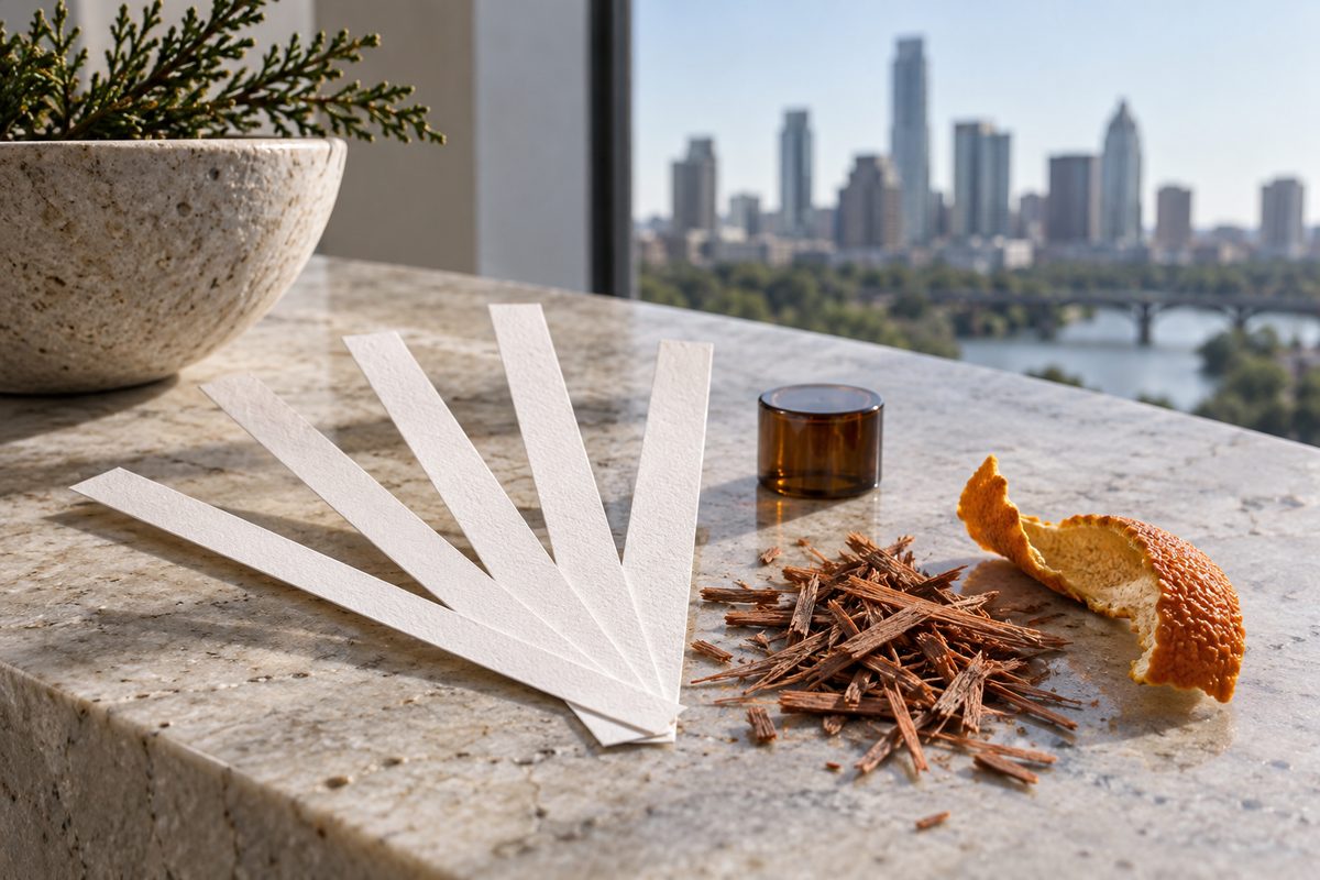 Perfume blotter strips with cedar shavings and orange peel